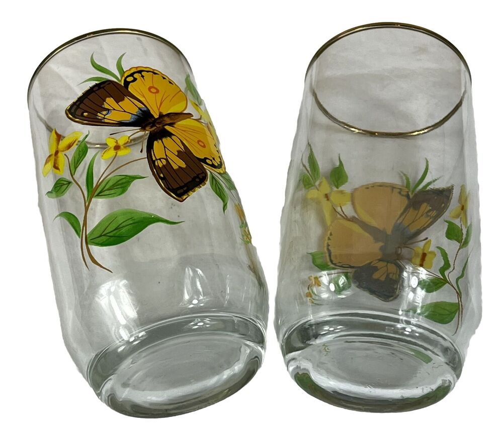 2 West Virginia Glass American Butterfly Floral Glasses Tumblers 12 oz Gold Rim